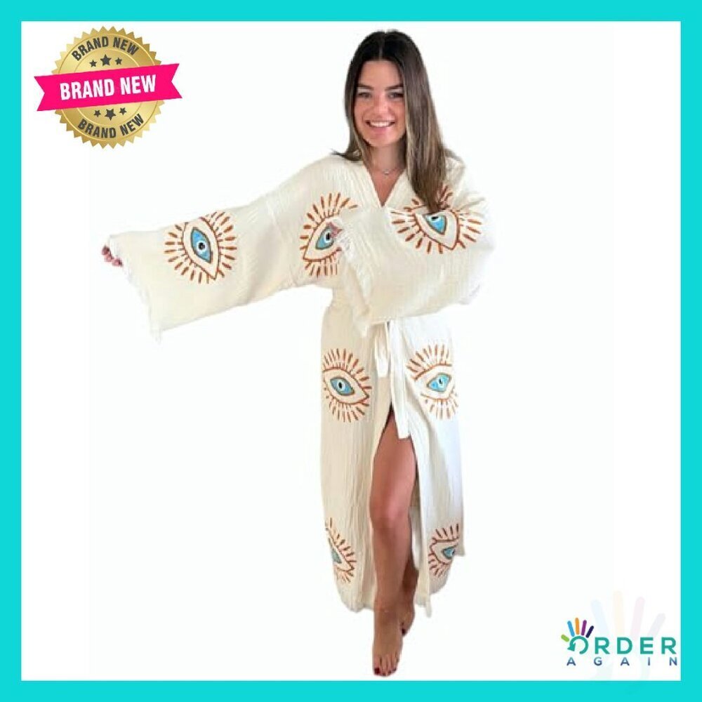Handmade Evil Eye Kimono Boho Cotton Cardigan Festival Beach Cover Up - Picture 4 of 8